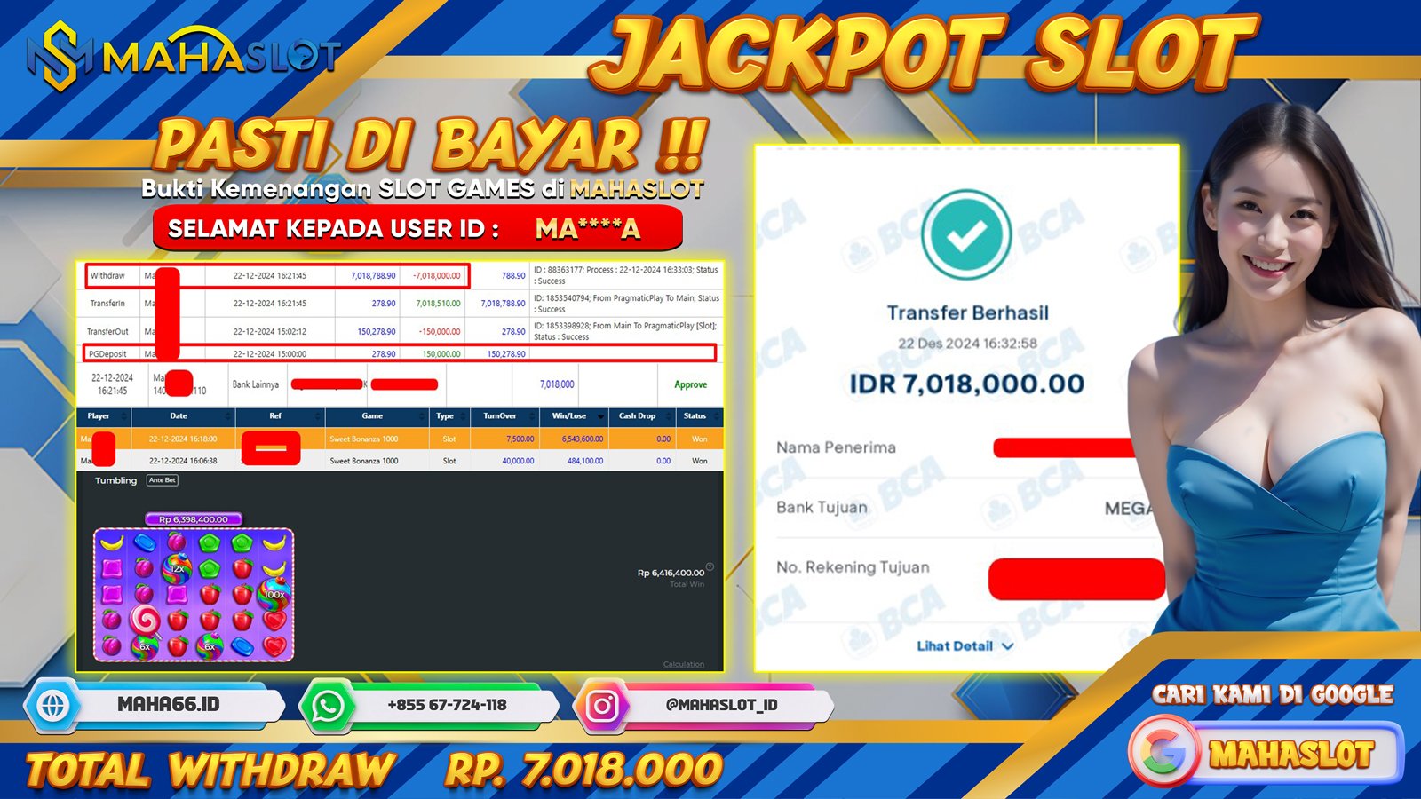 MAHASLOT JACKPOT SLOT GAMES SWEET BONANZA 1000 Rp. 7.018.000,- LUNAS